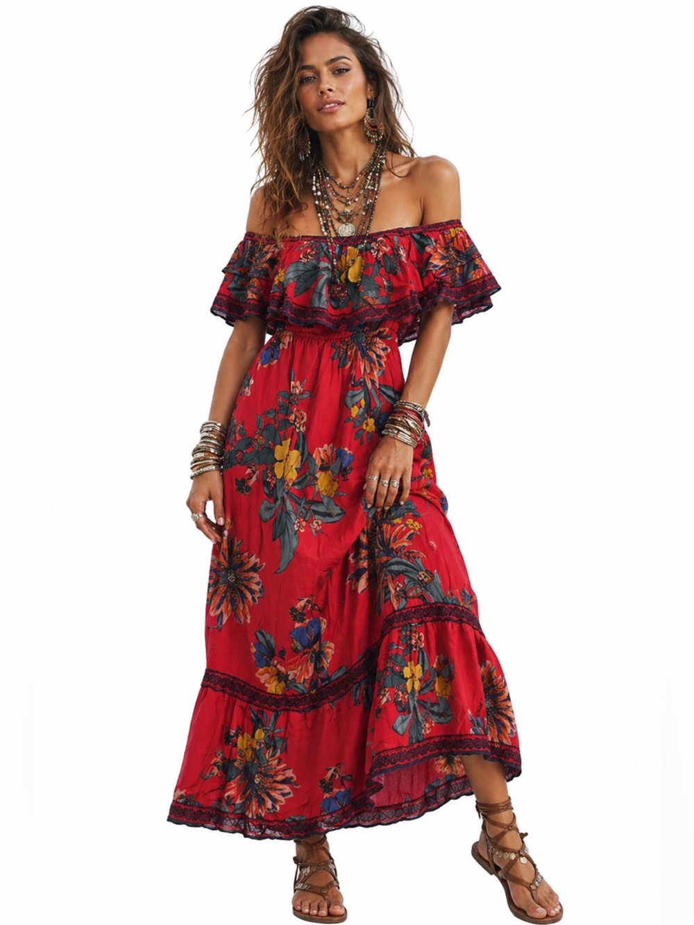 Flying Tomato Red Floral Off-Shoulder Maxi Dress